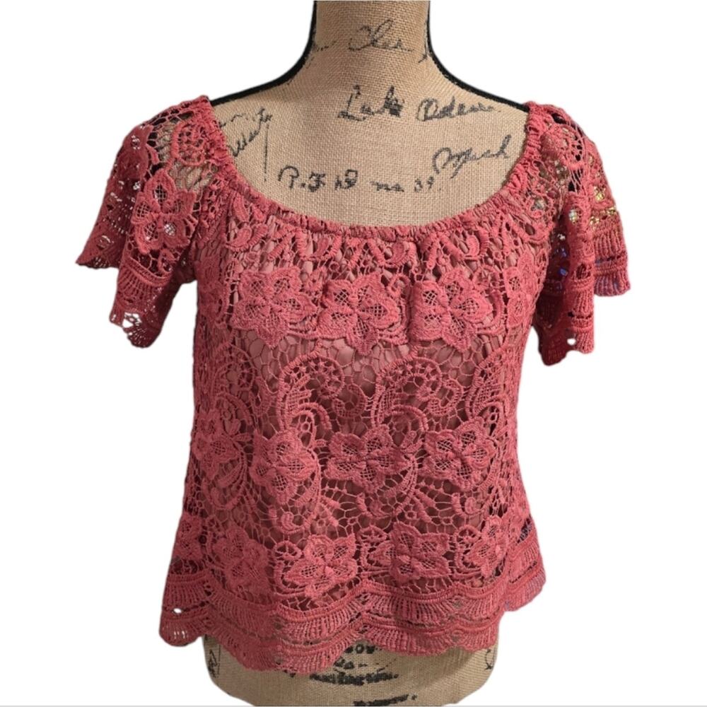 Haute Monde Womens Pink Floral Guipure Lace Scoop Neck Blouse HMT50757 Medium